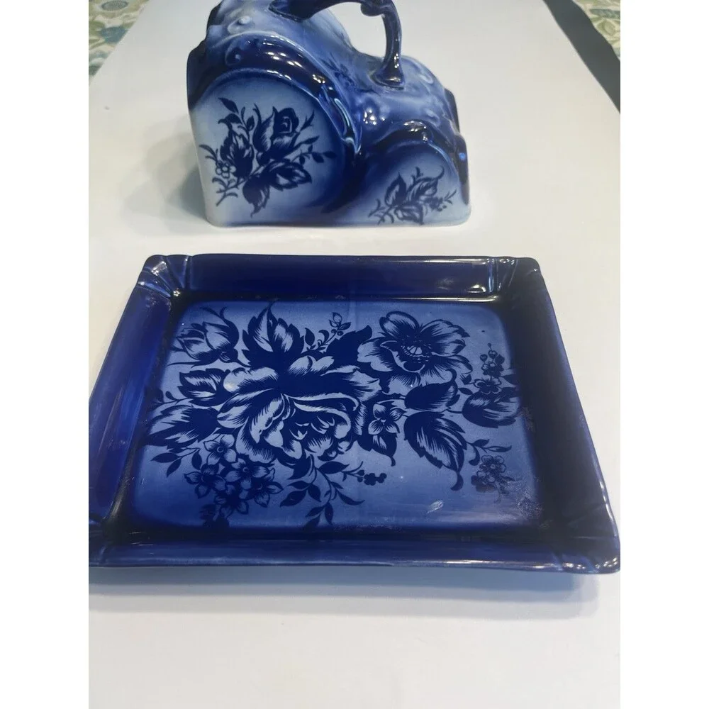 Vintage Empress Staffordshire England Blue Floral Cheese Dish Lid